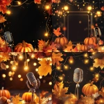 **A modern, professionally designed Thanksgiving-themed Instagram flyer background for a live music event, music theme during Thanksgiving week. The design features warm autumn colors, subtle accents of pumpkins, leaves, and golden string lights framing the edges, with a clean, spacious center to easily add text and a photo of the band. Sleek, minimalistic music-themed elements like a glowing microphone icon and abstract soundwaves are subtly integrated for a polished, Adobe-quality look. The layout balances elegance and vibrancy, optimized for Instagram portrait format (1080x1350), ensuring maximum flexibility for customizations."** - <@692768561906843821> (fast)