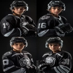 **Upper body portrait of a charismatic 14-year-old Canadian male ice hockey player, wearing a modern black and silver uniform with chrome accents and a bold NHL-style bear logo on the chest, black gloves, helmet with clear glass visor. Charismatic, confident, determined expression, youth NHL rookie energy, styled like an official NHL promotional poster. Ultra-realistic dramatic sports photography, cinematic studio lighting with bold contrast, HDR effect, sharp detail, intense focus. Captured with a Sony α7R IV camera, 85mm lens, f1.2 aperture --ar 2:3 --raw --v 6.1** - Variations (Strong) by <@1007029574430892245> (fast, stealth)