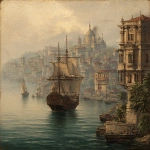 **an old oil painting of a sailing ship arriving at the bay of a misty foggy city with grand Mediterranean baroque architecture reminiscent of cities like Rome, Venice, Constantinople , Malta --v 7.0** - Image #3 <@434064735911280650>