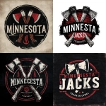 **Round Logo for an Axe Throwing Company, Black, White and Red, "MINNESOTA JACKS" Vector, Thick Black Outline --v 7.0** - <@1067982535730151454> (relaxed)