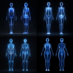 **3D render of female anatomy, BMI 25 body type, healthy natural curves, full body front side and back view, glowing blue light, scientific style, transparent body effect, anatomical structure, black background, digital x-ray visualization, futuristic medical illustration, highly detailed, symmetrical layout** - <@1203000771008921600> (fast)