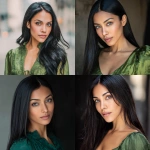 **a headshot of a beautiful woman with long, straight black hair, light brown skin, and grey eyes. she is wearing a green dress and looking directly at the camera. the image appears to be a professional photograph, with professional lighting, taken in an urban setting. the style suggests an influencer or fashion-focused aesthetic.** - <@1176528279734329450> (fast)
