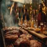 **A cinematic realistic photograph of a group of Latino friends enjoying a festive barbecue, the meat is the hero of the scene. Juicy grilled beef, ribs, sausages, and steaks on the table and grill, with smoke and warm light highlighting the texture of the meat. Friends laughing, serving food, and holding drinks, captured in a natural and joyful moment. Shot with cinematic framing, shallow depth of field, warm golden-hour lighting, Leica camera, Cooke lens. Vibrant atmosphere, modern Latin American setting, cozy outdoor patio decorated with subtle festive lights. High realism, cinematic look, emotional and appetizing. --ar 16:9** - Image #3 <@1081350310305468467>