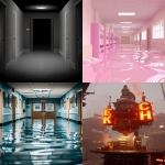 **a surreal endless fluorescent corridor that folds in on itself, office hallways merging into hotel lobbies, flooded with mirror-smooth reflective water, glowing EXIT signs floating midair, impossible staircases looping upside down, fog-filled empty rooms visible through open doors, vending machines emitting static light, faint reflections of unseen people on glossy walls, eerie symmetry, dreamlike volumetric haze, reality bending and collapsing, cinematic lighting, ultrarealistic textures, analog horror vibe, uncanny calm atmosphere, hyper-detailed architecture, Escher-like geometry, reflections behaving wrong, photo-real, long exposure glow, 35mm lens, --ar 9:16 --chaos 60 --v 6.0 --raw** - <@692146423638261810> (relaxed)
-# Create, explore, and organize on [midjourney.com](<https://midjourney.com/imagine?from_discord=1>)