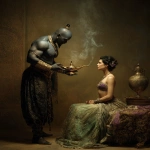 **A Congolese genie with blue grey skin talks to a beautiful dark haired woman. Shocked expression on the womans face, The muscular genie came out of the small golden lamp surrounded by magic multi-coloured smoke, inside the sultan's palace, explaining to beautiful, dark haired awestruck Laetitia that the extant wishes were obsolete. Arabic decor and furniture. A genie surrounded by magic multi-coloured smoke talks to a beautiful woman. sultan's palace, Djinn, provocative odalisque outfit, varnished canvas, chiaroscuro lighting --chaos 12 --raw --sref <https://s.mj.run/lxbdDCVWOk0> --ar 4:5 --v 7.0 --sw 50 --no smoke near mouths** - Image #3 <@988364629556199494>