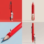 **a tiny, white female office manager with her arms wrapped around a giant red pen that is 150% taller than she is.** - <@1161376171972382821> (fast)