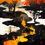 **fumarole eerie painting with a color scheme of monochromatic black and white with a pop of Color. The painting uses cross-hatching and palette knife techniques, inspired by analog horror, grunge Polaroids, ukiyo-e and retro Japanese horror. The mood is mysterious and unsettling --niji 6 --p k463ai2 --raw** - Image #1 <@948741381743083580>