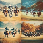 **side profile view of polo players on horseback in motion, mid-game on a wide open grassy field, horses and riders in full stride, wearing classic Ralph Lauren inspired attire white jodhpurs, navy or burgundy polo shirts, leather boots countryside backdrop, oil painting style, impressionist brush strokes, warm golden tones, soft natural light, with a vintage photo filter effect, aged film look, timeless luxury atmosphere closer up view --ar 2:3 --s 250** - <@1114281369015689226> (fast)