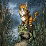 **cartoon of a ginger tabby cat, riding a giant brain frog, through a misty marsh, --ar 16:9 --v 7.0 --p c6gvkbp** - Image #3 <@404556944502685697>