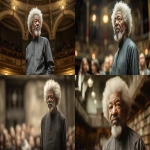 **eye-level front-facing shot, a high definition photo realistic of an elderly black man in his 60s, with grey afro and moderate grey beards, wole soyinka, standing in the centre of the frame, full body shot, standing with one hand in his pockets, full body , blurred out audiences in the background and surrounding, addressing the student at Oxford University United Kingdom, detailed aesthestics, beautiful stage lights, wearing smooth dark african native outfit, detailed image, --ar 16:9 --v 7.0** - <@1065391125663322203> (fast)