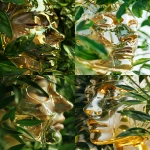 **Abstract skincare ad, close-up of a human face made entirely of clear, reflective glass, surrounded by fresh green leaves, golden face oil slowly dripping and flowing down the smooth glass surface, hyper-realistic textures, soft natural lighting, ethereal and artistic, luxury beauty campaign, minimalist studio background --ar 3:4 --v 6.0 --raw** - <@1137663032605028362> (fast)