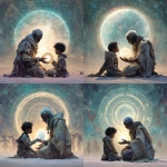 **A futuristic Black elder and child seated in a circle of light, exchanging a glowing orb inscribed with ancient Kemetic glyphs and digital code. Behind them, a mural of resistance and joy--marches, drums, stars, and sacred geometry. Style: Afro-futurist, collage-inspired, bold contrast with soft lighting. Snowflake macrophotography Afrocentric futurism --v 7.0** - Variations (Strong) by <@1071135204846096475> (relaxed)