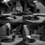 **dnd; b&w woodcut in the style of albrect durer; stone egyptian temple room; a large winged sphinx lies on a platform against the far wall; a round well in the center of the room overflows with water; water flows away from the well in a trough in the floor --v 7.0** - Variations (Strong) by <@771747841559232613> (fast)