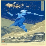 **traditional Japanese woodblock print in the style of colorful ukiyo-e by Hasui Kawase and Hiroshi Yoshida and Tōshi Yoshida using vibrant colors and Japanese minimalism, balance, and harmony, depicting a very handsome, Jack Frost dressed all in white flying through the air, his cape flapping in the wind, making snowflake macrophotography with his magic wand, in a mountain village under a starry sky, swirling snow, cinematic composition, gold gilt highlights --chaos 33 --ar 2:5 --raw --sref <https://s.mj.run/UqZpQeGrfKY> <https://s.mj.run/0X518EyHJWI> <https://s.mj.run/IC85_j5yIBY> --sw 999 --oref <https://s.mj.run/MTXs1LP7JiU> --ow 475 --stylize 999 --iw 0.4 --v 7.0** - Image #1 <@688195114849271814>