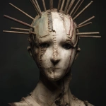 **a front facing mannequin with a few different sized spikes coming from its face, the mannequin has cuts and damage all over its face, male figure, stitches on face, tattered and torn details, dark eyes, very dark background, dark green colors, high detail, horror inspired --v 7.0** - Upscaled by <@702122213033246720> (fast)
