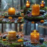 **A 2 oz amber salve jar glowing softly on a moss-covered stone altar. Surrounding it are carved Celtic spirals, pomegranate seeds, marigold petals, and a black obsidian sphere. A mist rises from the autumn forest behind, with faint ghostly silhouettes symbolizing death and rebirth. Rich earthy tones, candlelight glow, mystical, no text. --v 6.0 --s 750** - <@1090630909448949831> (fast)