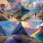 **rich pastel colors composition / of a man / walking on a path / near an expansive body of water / in a valley / surrounded by towering mountain peaks** - <@1080572898269466724> (fast)