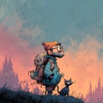 **<https://s.mj.run/RTecCqauTFQ> Reimagine this clean cartoon illustration in a painterly, atmospheric style. Use muted earthy tones blended with halloween colored pastels, textured brush strokes, and hazy gradients in the sky. Hiking through the forest with his cat. In the Pacific Northwest near the mountains during blue hour. Apply loose, expressive linework with subtle shading, crosshatching, and worn textures. Add depth and warmth through cinematic lighting and moody color grading. Expressions should remain exaggerated yet nuanced, balancing humor and melancholy within an atmospheric, storybook-like setting. Color Palette: 20% pastel periwinkle 40% pastel cotton candy 20% pastel sekura pink 10% pastel celadon 10% pastel black** - Image #2 <@757787837981786134>