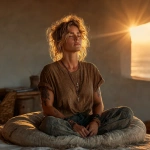 **A young woman in a perfectly clean, minimalist, sunlit room in a t-shirt. She is sitting in a full lotus position on a soft meditation cushion, eyes gently closed, in the serene act of meditating. The atmosphere is peaceful and tidy. Photorealistic, soft natural lighting, detailed. raw photo, 8 --s 750** - Image #2 <@418070588632989707>