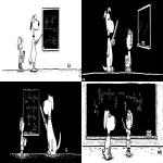 **Representation: A dog acting as a private tutor to a child. The dog holds a ruler in its paw and stands at the blackboard to explain a dog diagram to the child. Graphic style: Line drawing, cartoon style, influenced by Franco-Belgian comics, thick black lines, simplified design, vector, black and white only, in the style of Keith Haring or the French comic strip "Alinéa". [IMPORTANT]: A single continuous line extending from one side of the image to the other, minimalist, strong outlines, line drawing, without lifting the hand, ultra-simplified, no shading, entirely white image, drawing created in the center of a sheet of paper. --ar 16:5** - <@627984126871470085> (fast)