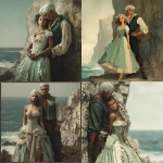 **a fantasy white girl with tanned olive skin and curls in dirty blond hair to her waist. She wears a tea length dress in soft sea foam green with cream color accents. She stands before a tall cliff by the sea and looks like a model. She should look drawn by an artist like oil paint and perfect. It should be very fantasy pirate inspired. The tall muscular man who stands beside her wears a dark green vest and a billowy shirt. His skin is pale and his hair is silver and short but styled handsome and very sharply.** - <@1409384572613034007> (fast)