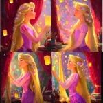 **<https://s.mj.run/vFoSZmnjhCg> Disney fan art, Rapunzel in her tower, touching the painted wall gently with her hand, in profile view, softly lit. The iconic yellow sun symbol from the Kingdom of Corona is clearly visible on the wall where her fingers rest. No floating lanterns. She wears her pink and purple dress, very long golden hair with delicate flowers, dreamy artistic interior with red velvet curtains, brushes, paint, and books around her. Warm, magical atmosphere, pastel tones, clean elegant lines, soft gradients, high-quality artistic finish --v 7.0 --ar 1:1 --p 6f6xtw4 --raw** - <@1338496041460174871> (relaxed)