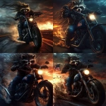 **a photographic, photoshoot, photo realism, worm's eye view, front on view of a anthropomorphic, crazy raccoon with an extremely high pompadour and wild, extremely long, stringy side face hair, is wearing a black leather jacket with the collar up and blue jeans, he is riding on a blue Harley Davidson Chopper with an American flag painted predominantly on the gas tank, we can see the entire motorcycle is in view, the rear tire is spinning, throwing up debris and a little bit of smoke, as the front tire lifts off the pavement. raking light, rim light, beautiful sunset light --style raw --sref 2271222 1682766493 --v 6.1** - <@1022866044244733994> (fast)