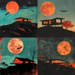 **a Halloween night, a midcentury modern house on a hill, orange full moon, shadows, dark sky with stars and colors of aqua, pinks, oranges, reds, shadows from the moon, bats, spooky atmosphere. --v 6.0** - <@726790638733099128> (fast)
