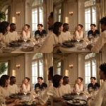 **Portrait of friends at a dinner table in a luxury apartment, French neoclassical style. They are between 39 and 45 years old, all wearing minimalist clothing in neutral tones, casually drinking wine. They are a diverse group: a dark-skinned Black woman wearing an elegant off-white dress with braided hair, an Asian man, and a white woman and man. The setting is a dining room with large windows, high ceilings, soft lighting, and a relaxed atmosphere.** - Zoom Out by <@1128428931243057244> (fast)