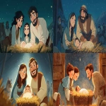 **Escena amplia y narrativa de la Natividad del Señor ambientada en el siglo I en Judea, estilo ilustración digital con influencias de storybook art y animación 2D moderna. En el centro, el Niño Jesús acostado en un pesebre de madera lleno de paja, envuelto en telas sencillas de lino. A su lado, la Virgen María con túnica modesta y manto azul apagado, rostro joven y dulce, expresión de ternura y emoción. San José, hombre adulto con barba corta, túnica de lana y cinturón de cuero, muestra alegría y serenidad. Ambos inclinan sus cuerpos hacia el Niño con gestos protectores y amorosos. La escena ocurre al exterior del establo, bajo un cielo nocturno despejado. Sobre ellos brilla claramente la Estrella de Belén. Al fondo, los Reyes Magos se acercan a pie, con ropajes históricos sencillos y presentes en las manos. Varios animales del pesebre rodean la escena (ovejas, burro, buey) en actitud serena. El entorno incluye muros de piedra, vegetación seca y una suave luz dorada que emana del Niño, creando una atmósfera acogedora, emotiva y viva. Expresiones cálidas, rostros amigables, composición bien balanceada, sin solemnidad excesiva. Paleta terrosa con toques cálidos. Estilo coherente, personajes bien integrados. --ar 16:9 --v 7.0 --chaos 22** - <@1087600289290403840> (fast)