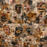 **dense abstract symbolic painting with layered ancestral mask-like figures, earthy ochre, rust, clay, sand and charcoal palette, highly detailed hand-drawn markings, dotted paths, spirals, tally marks, ritual symbols, and connective lines weaving through faces, busy textured background with faded ghost symbols and overlapping forms, ancient storytelling map aesthetic, basquiat vibes, raw canvas texture, imperfect organic lines, visual depth and complexity, sacred and mysterious, intentional chaos, tactile surface --ar 3:4 --raw --v 7.0** - Variations (Strong) by <@1133084267879088158> (fast)