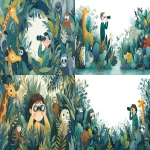 **An illustration for a children's book, a flat illustration, referencing the style of the illustration artist [Steve Scott], featuring a child observing through binoculars, surrounded by lush greenery. There are giraffes, red pandas, golden monkeys, and sloths in the zoo. The cartoon characters are colorful, detailed, and have cheerful expressions. The U-shaped circular composition leaves a large area of irregular white in the center of the image, with a white background, and the colors are mainly blue-green tones, dark and light greens, bright yellow, and light blue. 4K, --ar 16:9** - <@409716268476923920> (fast)