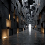 **Futuristic walls made of layered cubes, symmetrical perspective, tall walls covered with floating and embedded blocks of varying sizes, metallic textures, cyberpunk vibe, dark unlit end of corridor, no lights in the distance, volumetric lighting, dark sci-fi atmosphere, ultra detailed, --s 250 --v 7.0 --ar 3:2** - Image #4 <@1057577968781762630>