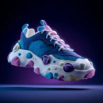 **Minimalistic funny cheerful cute 3d sneaker from the outside. Smooth plastic textures. Pure colors, realistic textures. Dark background without shadows. Blue and purple shades. Studio lighting. Clay. Bright colors. Light wind --v 7.0** - Image #3 <@1344601249827258441>