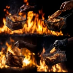 **a black person's hand holding the handle of a fish frier basket tossing freshly fried fish fillets in the air from the fryer basket. Against a black background with fire flames in the background.** - <@817880507983069194> (fast)