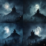**a halloween themed scene depicting a haunted house atop a hill surrounded by a graveyard. a full moon should be visible in the sky. the scene should include bats, ghosts, skeletons, mist, jack-o-lanterns, and a witch's silhouette flying in the sky. take inspiration from the film Hocus Pocus for atmosphere and aesthetic. the image should be photorealistic. --ar 3:2 --s 50** - Remix (Strong) by <@461803524808900618> (fast)