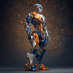 **full body ripped robotic masculine man / with exoskeleton made of forged aluminum / anodized in a combination of three stunning finishes to f refined silver, elegant deep blue and bold and eye-catching cosmic orange / electrifying / great and terrible beauty / background depicts ornate complex lattice patterns of beauty and wonder / full length view --no borders, frames, grids, split screens, tiles, women, girls, females** - Image #1 <@1080572898269466724>