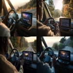 **close up photograph of the 2025 ID Buzz infotainment screen as it is being driven down a country highway. the person driving is an african american male in his 50s --v 7.0 --ar 16:9** - <@1404035603569311864> (fast)