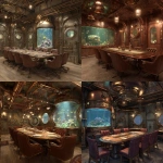 **10-Persons restaurant room interior space rendering. Steam Reef fortress (Steampunk Ocean Style). Theme is Victorian-era deep-sea mechanical city. Copper pipe-clad ceilings with gear-embedded walls with riveted iron partitions. Rising brass diving helmet aquarium (with coral & clownfish) at table center. 10-seater gear-rotating table, boiler valve backed leather chairs. Pressure gauge-style thermostat, steam valve door handles. Switchable frosted/clear windows simulating submarine portholes . high detail, hyper quality,high resolution.** - <@1071797316660506746> (fast)
