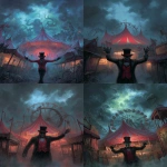 **<https://s.mj.run/prtaYJlQqPI> match this picture and add a carnival ring master wearing a red vest and black suit with no face under his black top hat is welcoming you with his right arm to the creepy weird Lovecraftian carnival filling the background, there are NO people in this picture, as a front page art piece painting, --ar 8:11 --v 7.0** - <@1035886146422583346> (fast)