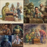 **4 heroes: a turtle, a humanoid dragon, an old sailor, Bruce Campbell in a Hawaiian shirt. Arguing over a treasure chest** - <@275784745206415362> (fast)