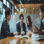 **Group of Japanese office workers, including a beautiful woman and a handsome man, happily discussing documents at a bright conference table, teamwork and friendly atmosphere, professional attire, cinematic lighting, warm and clean office --ar 16:9 --v 6.0 --raw** - Image #1 <@1074578484602601522>