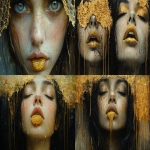 **exquisitely surreal and ominous painting by Taras Loboda + Annick Bouvattier + Yoann Lossel Of honey woman with yellow honeycomb tongue, in the style of oil paintings, intimate portraits , photo-realistic compositions, raw emotions, i can't believe how beautiful this is, gold, uncanny juxtapositions --chaos 30 --ar 7:4 --v 6.1 --s 1000** - Remix (Strong) by <@1038536641180094535> (relaxed)