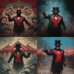 **a carnival ring master wearing a red vest and black suit with no face under his black top hat is welcoming you with his right arm to the creepy weird Lovecraftian carnival, as a front page art piece painting, --ar 8:11 --v 7.0** - <@1035886146422583346> (fast)