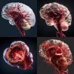 **Brain blood vessel rupture visualization, hemorrhagic stroke concept, vessel cracked with pressure effect, surrounding brain tissue compressed, transparent brain cutaway, ultra realistic medical 3D, clean and non-gory 3D ultra-realistic medical cutaway, human body without skin, glossy anatomical textures, sharp focus, cinematic lighting, octane render, ray tracing, subsurface scattering, clean medical colors, no blood, educational, 8K detail, dark background, depth of field** - <@1464095684528701474> (fast)