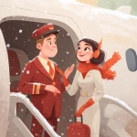 **Pilot and stewardess greeting people on the airplane steps, invite you into the salon, hospitality, cute commercial illustration in light white, beige, orange and bright red tones, add Christmas atmosphere and snow --v 7.0** - Image #2 <@1178911175929499672>
