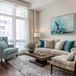 **interior design of a model unit showing the living area in french country style. walnut wood floor. light brown 3-seater sofa. teal, light blue and beige throw pillows. french provincial lounge chairs. sheer white curtains. artwork with teal still life painting, modern gray area rug** - Image #2 <@1231814052913877045>