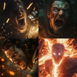 **a warrior resembling aragorn screaming, dragon ball z super sayain energy, close up, cinematic, full face showing, eyes white, like a supernatural power is consuming him, front view, low angle** - <@609225721566724097> (fast)