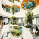 **<https://s.mj.run/J481k19R0sY> <https://s.mj.run/Nlu3ItpiLmk> <https://s.mj.run/5Zwnb5PDQNM> an illustration using black pen and watercolour, loose sketchy watercolor and black pen illustration of a futuristic healthcare waiting room a multi storey vertical farm on one side , plants grows with tanks of fish above them , the space which is filled with trees, the noerthern lights are present at the high ceiling to individual wellness pods, zaha hadid organic futuristic architecture highly detailed, unique, many people in the space --ar 16:9 --v 6.1 --s 250** - Image #4 <@999895176619237436>