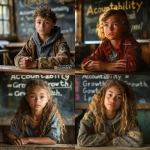 **A thoughtful middle school student sits at a classroom desk reflecting after a talk with a teacher. The atmosphere is calm, not punitive sunlight through the window, a chalkboard behind them with the words "Accountability = Growth." The teacher’s expression is kind but firm, conveying guidance and understanding. The overall tone is warm, educational, and realistic, symbolizing consequence as a path to learning rather than punishment. --v 6.0 --s 750** - <@1090630909448949831> (fast)